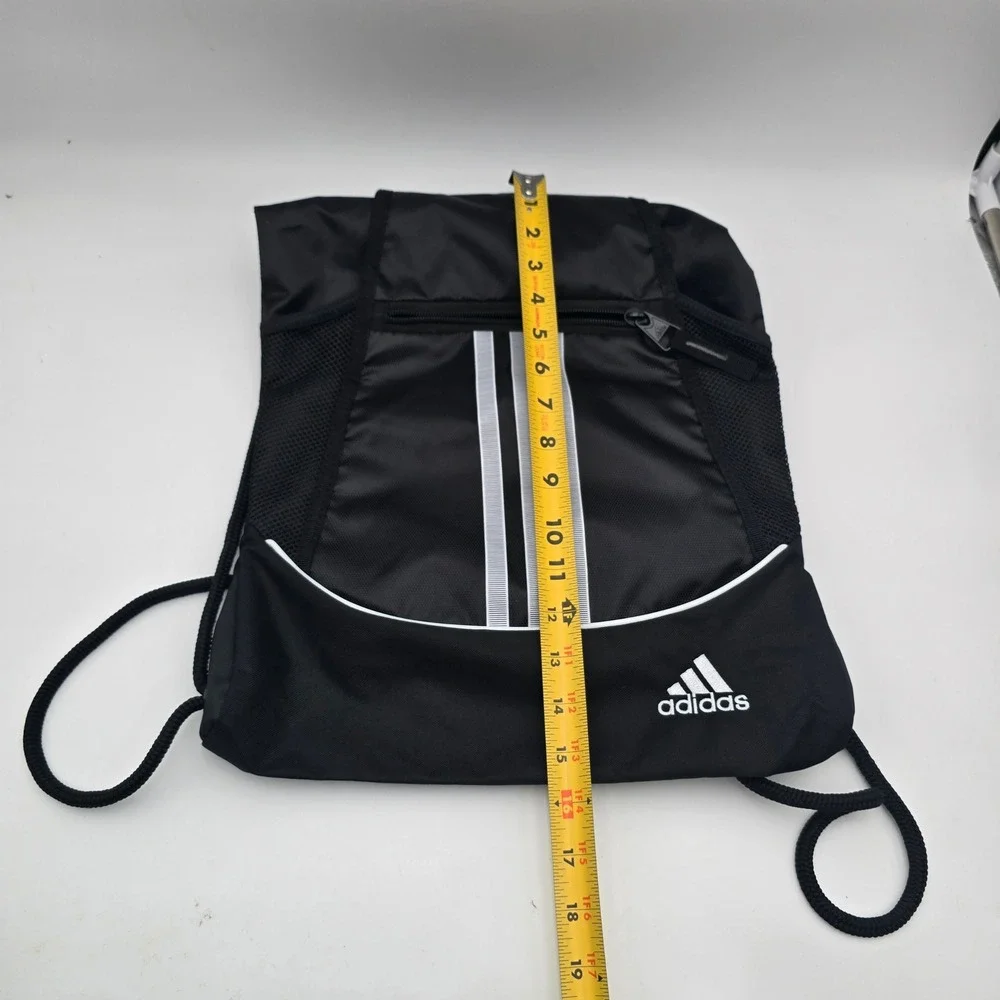 Adidas Black Drawstring Cinch Bag 3-Stripe Sackpack with Front Zip‎ Pocket